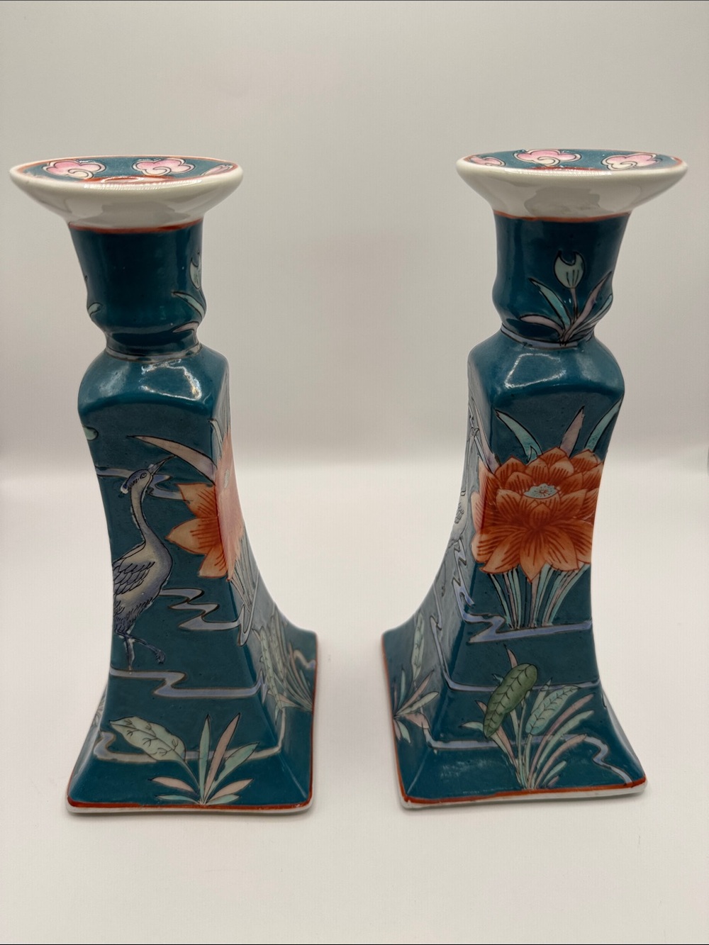 Vintage Chinoiserie Porcelain Candlestick Holders Pair | Macau
